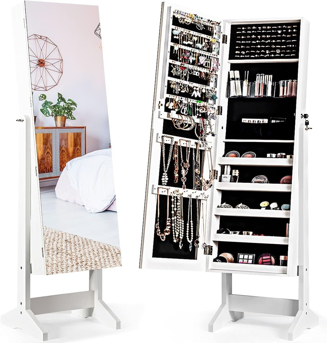 White Lockable Jewellery Cabinet Full Length Mirror Adjustable Storage