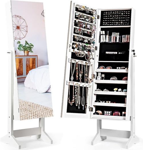 White Lockable Jewellery Cabinet Full Length Mirror Adjustable Storage