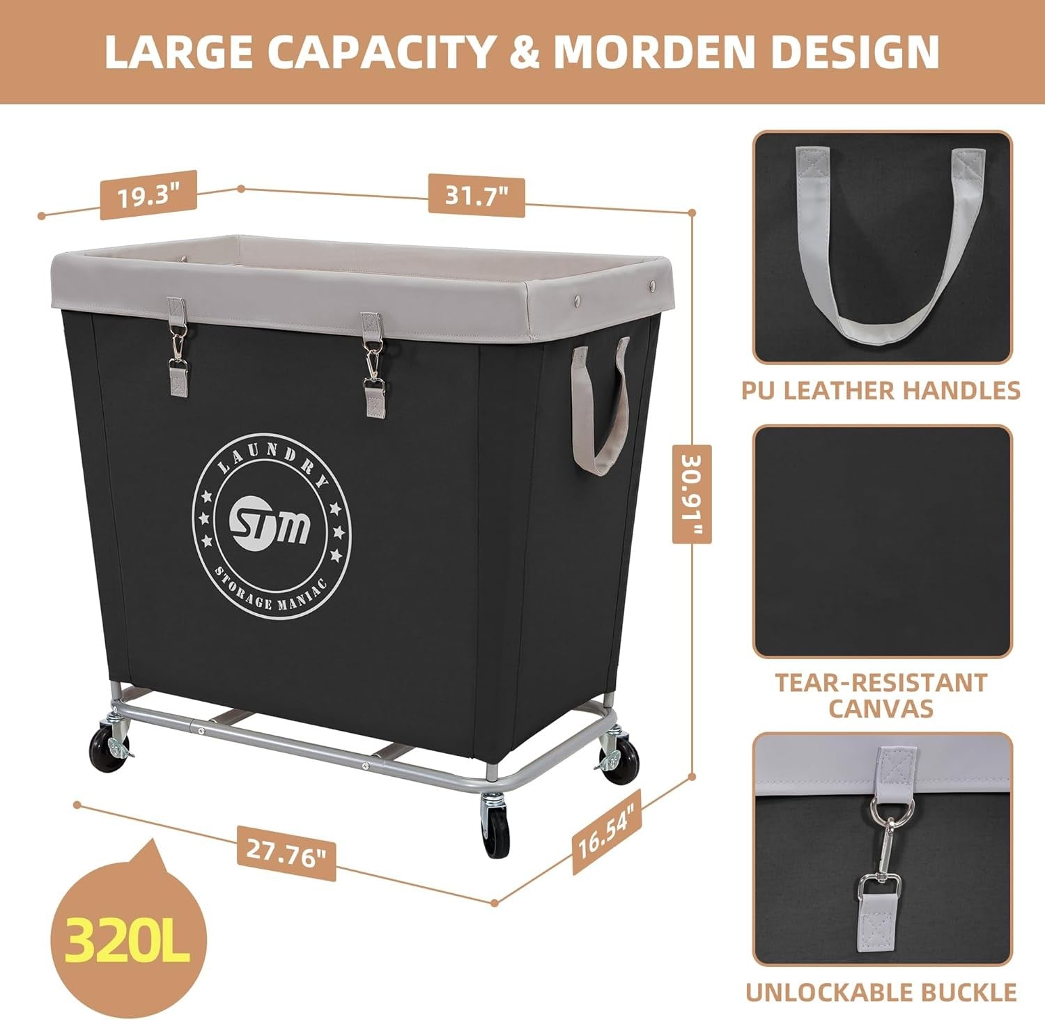 320L Commercial Laundry Hamper on Wheels | Heavy-Duty Steel Cart | Large Black B