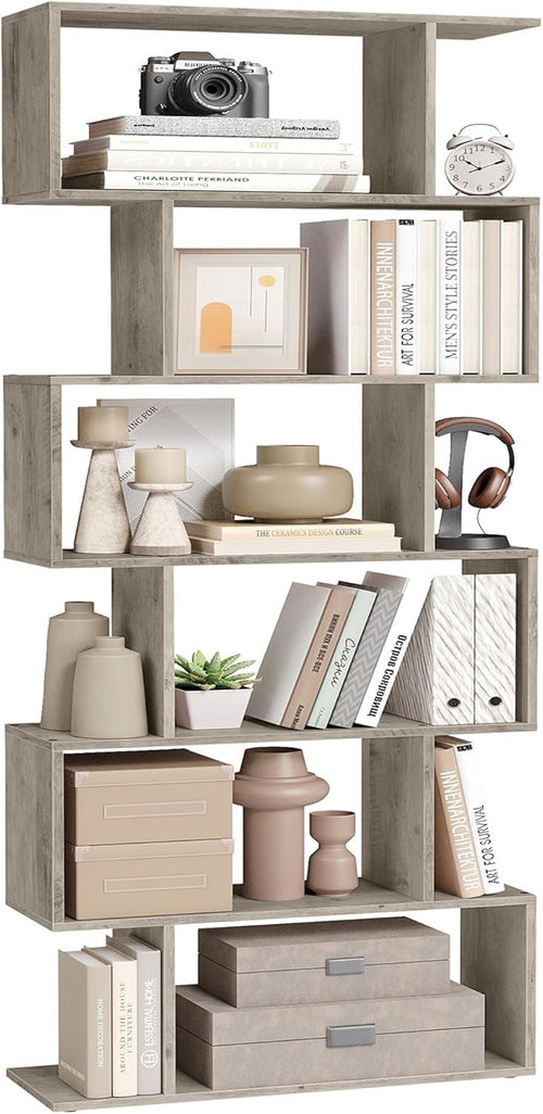 6 Tier Rustic Greige Bookcase S-Shaped Storage Shelf Room Divider 70x24x191cm