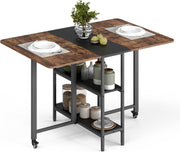 Rustic Brown Drop Leaf Folding Dining Table with Storage 120cm