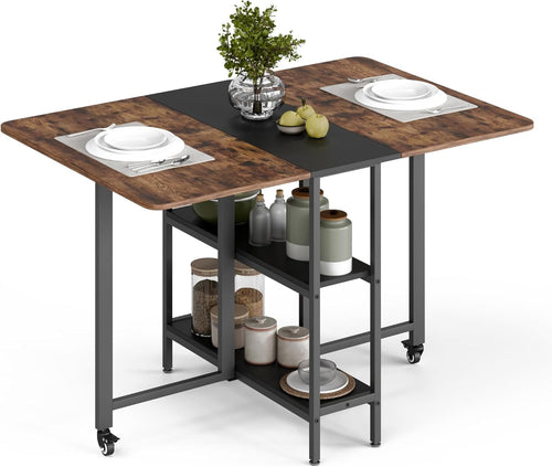 Rustic Brown Drop Leaf Folding Dining Table with Storage 120cm