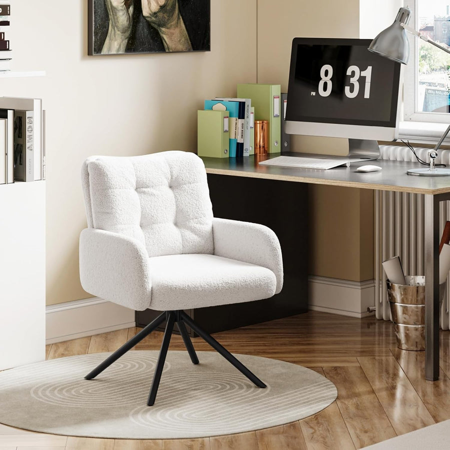White Boucle Swivel Accent Chair Tub Vanity Desk Armchair