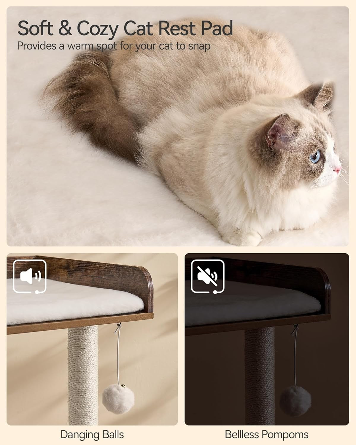 Large Wooden Cat Tree Rustic Brown Tower 3 Level Perch Scratching Post
