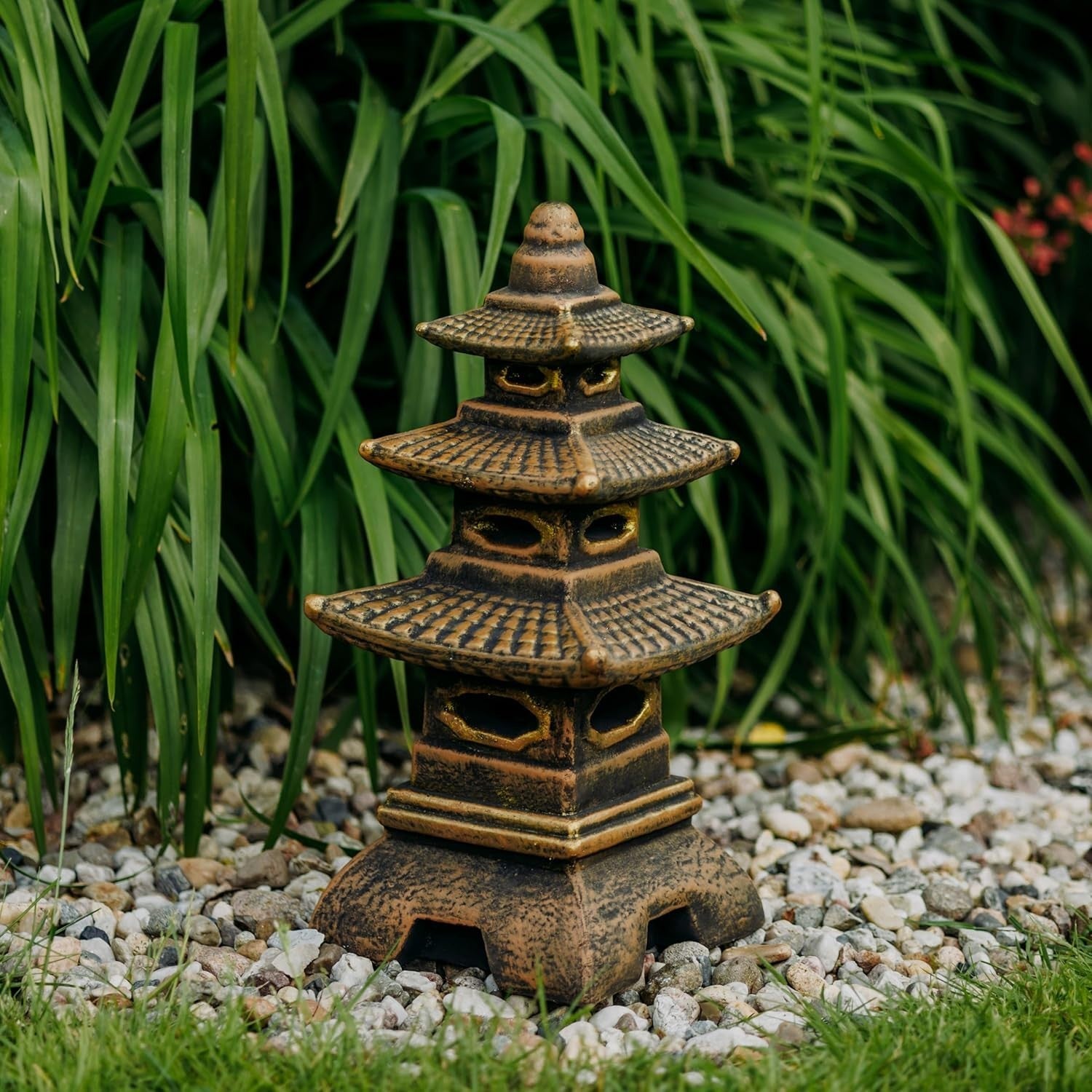 Japanese Pagoda Stone Lantern 46cm Frost Proof Gold Cast Concrete Garden Decor