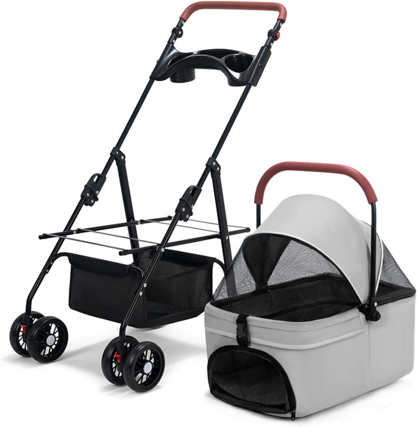 Dog Stroller Detachable Basket 4 Wheel Folding Puppy Pushchair Grey