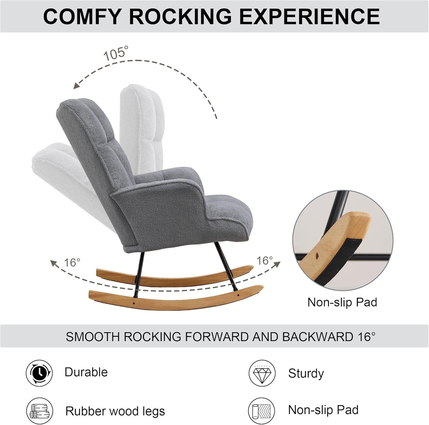 Rocking Chair Nursery Glider Comfy Armchair High Back Padded Seat Grey