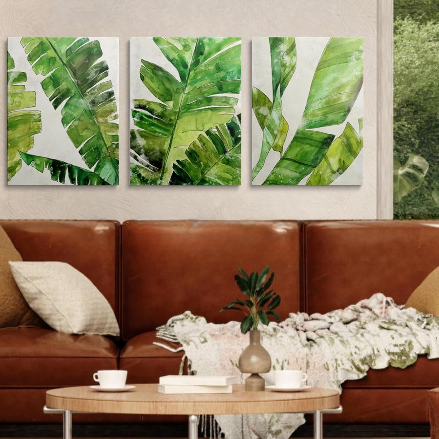 Green Fern Wall Art Set of 3 Framed Canvas 12x16in