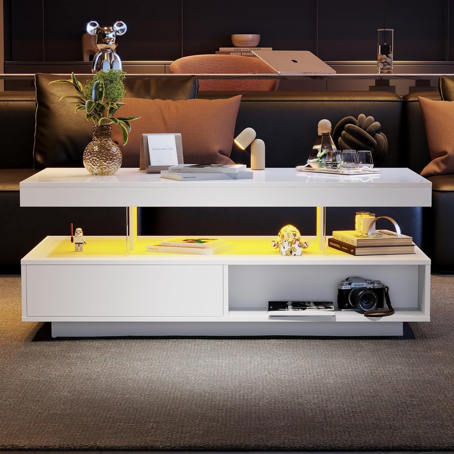 Modern High Gloss Coffee Table with 2 Drawers & Bluetooth LED, 95x50x42.5cm