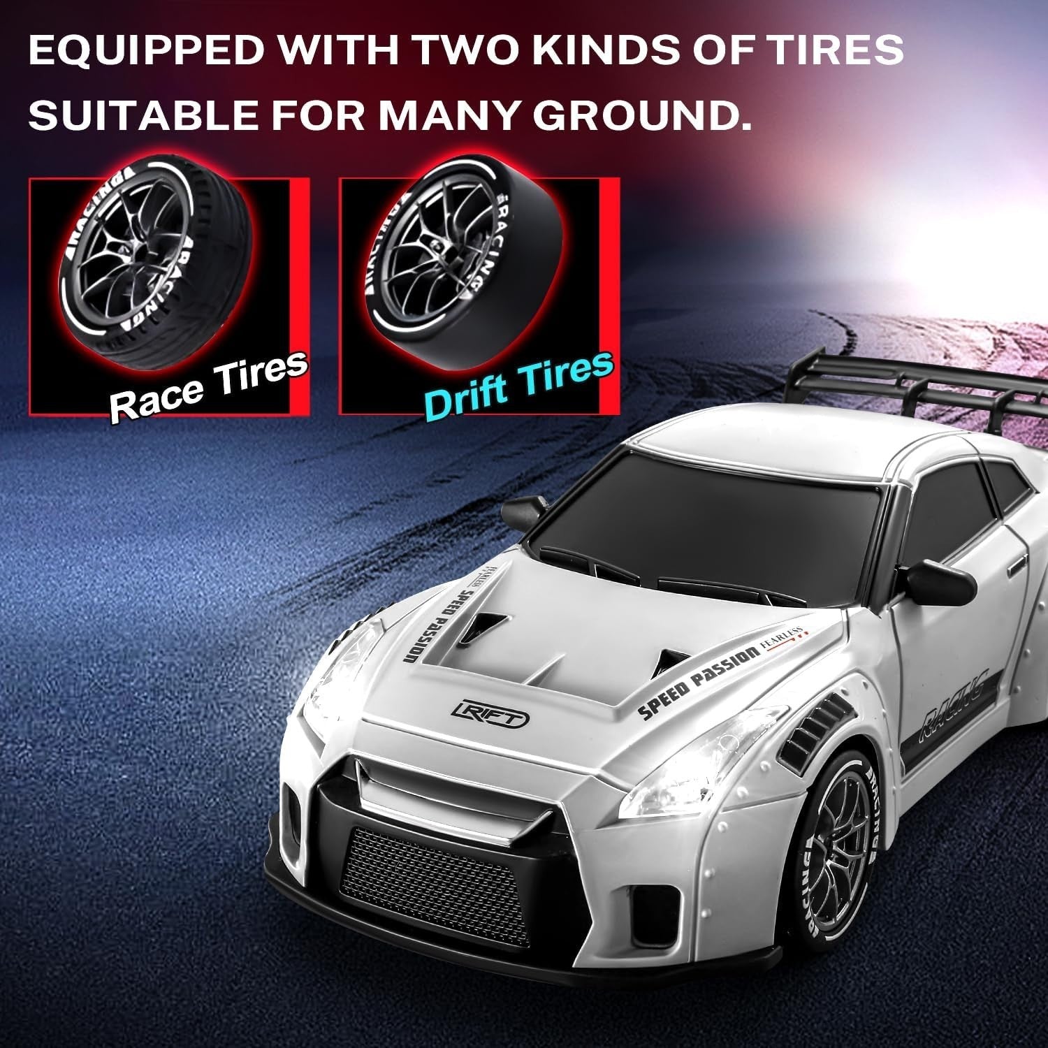 1:24 RC Drift Car 20KM/H – 4WD Remote Control Toy with LED Lights & Extra Tires