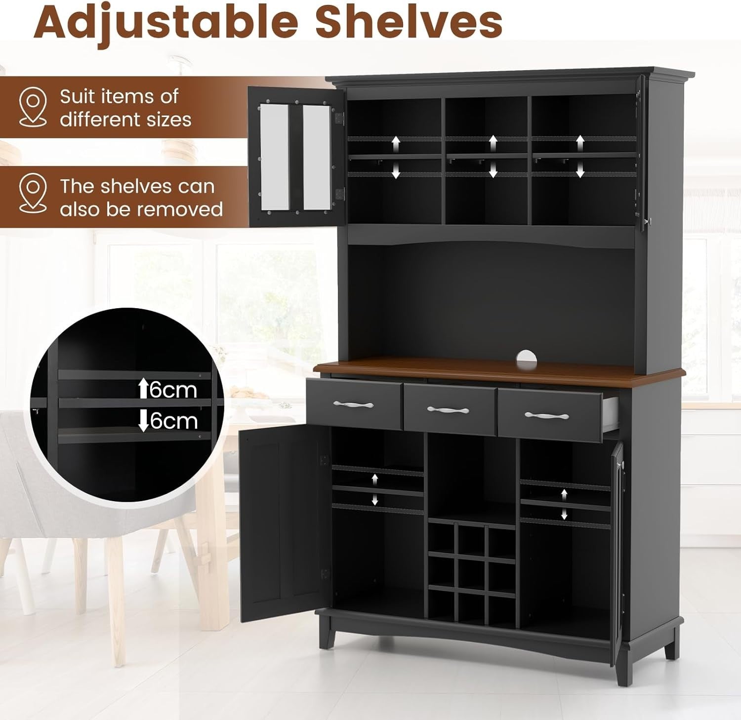 Black Kitchen Sideboard 185cm Storage Cabinet Wine Rack Drawers Glass Doors