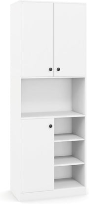 Tall Kitchen Cupboard White 3-Door Pantry Cabinet with Open Shelves