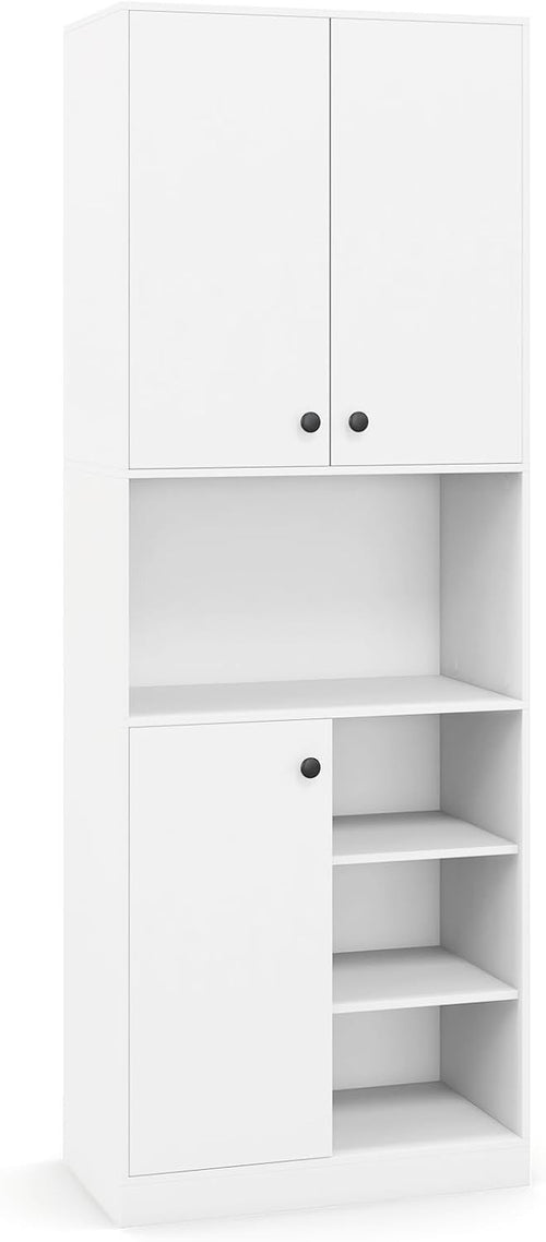Tall Kitchen Cupboard White 3-Door Pantry Cabinet with Open Shelves