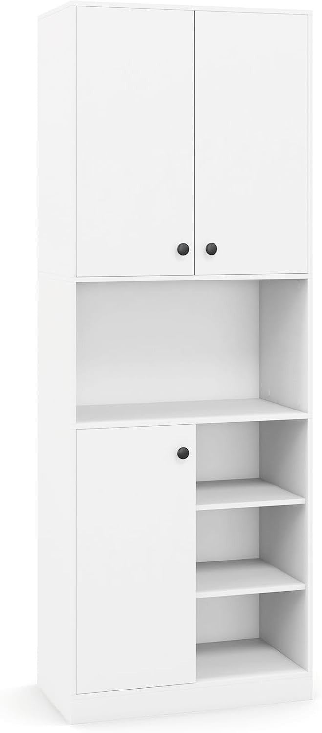 Tall Kitchen Cupboard White 3-Door Pantry Cabinet with Open Shelves