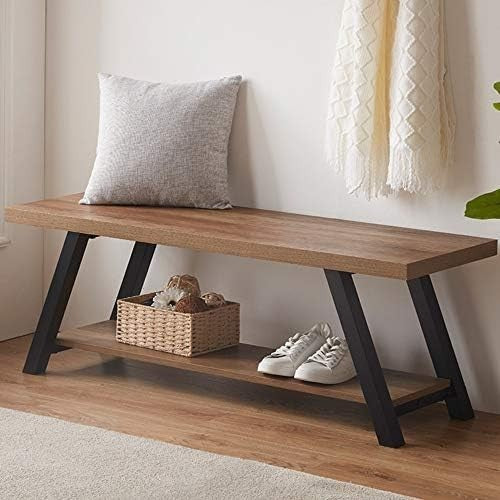 Natural Oak Industrial Entryway Storage Bench Metal Frame Shoe Rack Seat