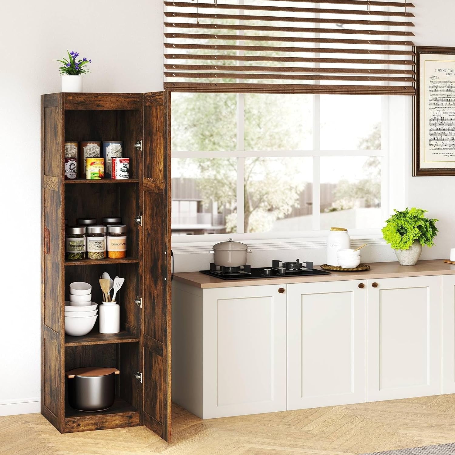 Tall Rustic Brown Kitchen Cupboard 4 Tier Wooden Storage Cabinet Unit
