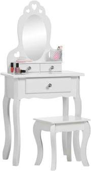 Kids White Wooden Dressing Table with Mirror & Stool Girls Vanity Set 3-7yrs