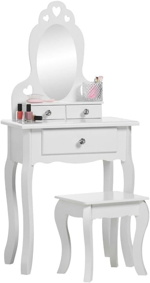 Kids White Wooden Dressing Table with Mirror & Stool Girls Vanity Set 3-7yrs