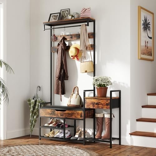Freestanding Hall Tree Coat Rack with Shoe Storage Bench & Side Table