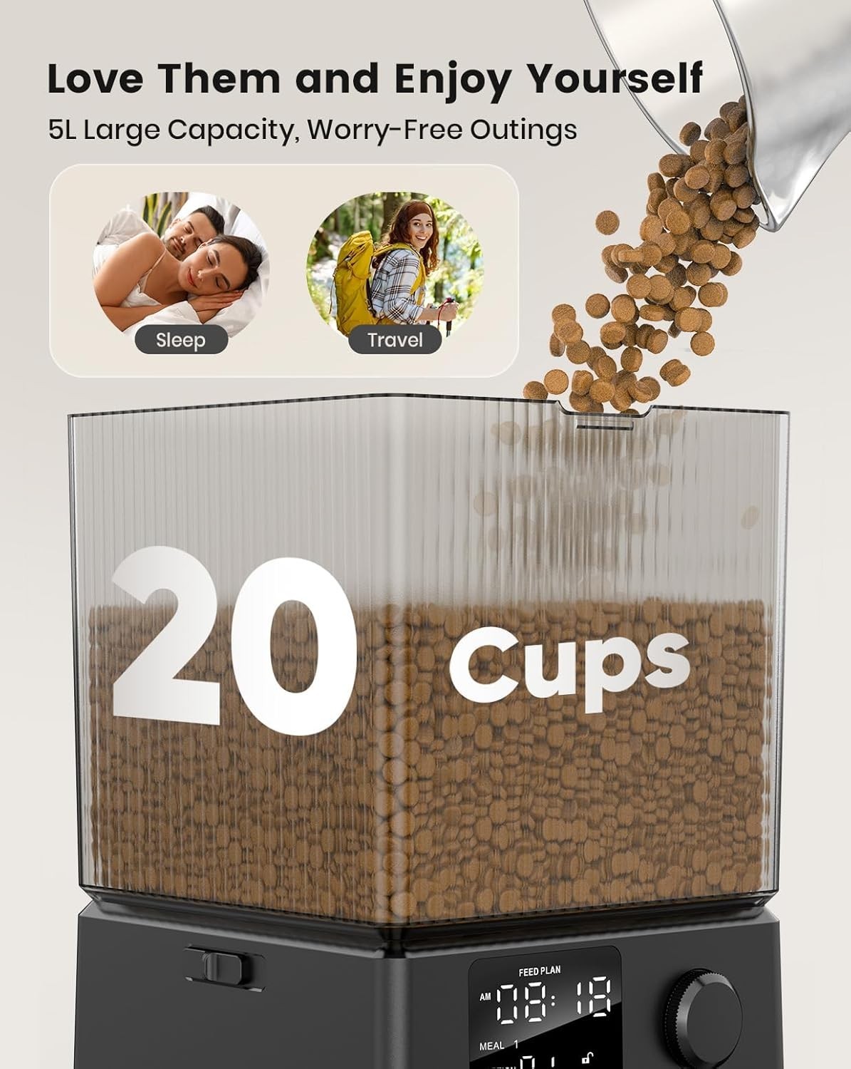 Automatic Cat Feeder 2 Cats 5L Dual Bowl Timer Food Dispenser Voice Record
