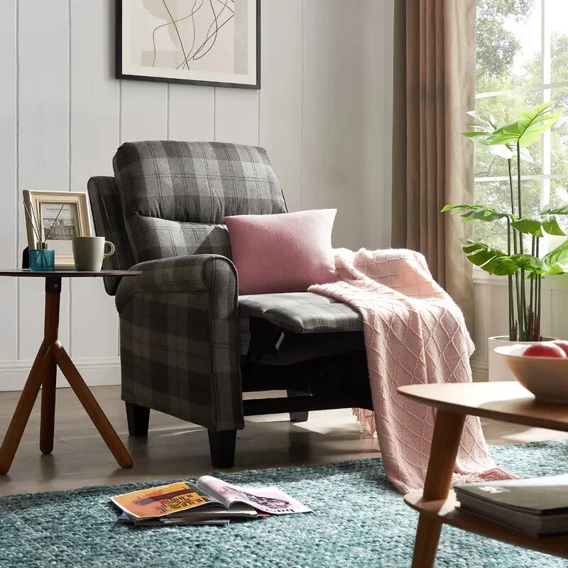 Recliner Armchair Grey Tartan Fabric Pushback Chair for Lounge/Bedroom