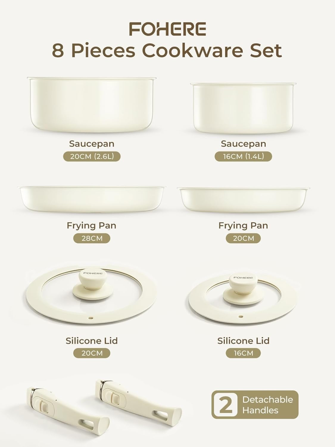 8Pcs Beige Ceramic Non-Stick Cookware Set with Detachable Handles & Lids