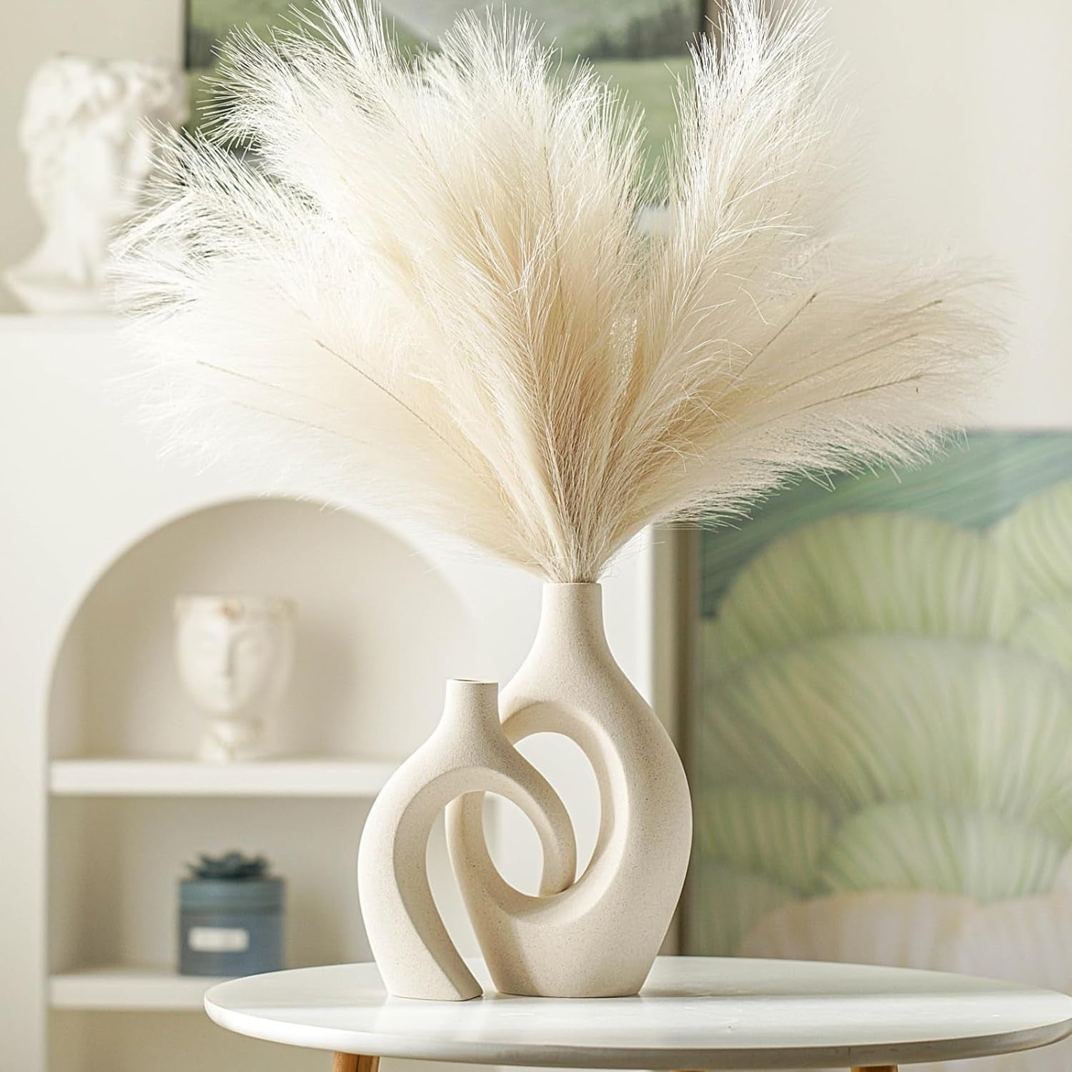 Beige Ceramic Vase Set of 2 Nordic Boho Pampas Grass Table Decor