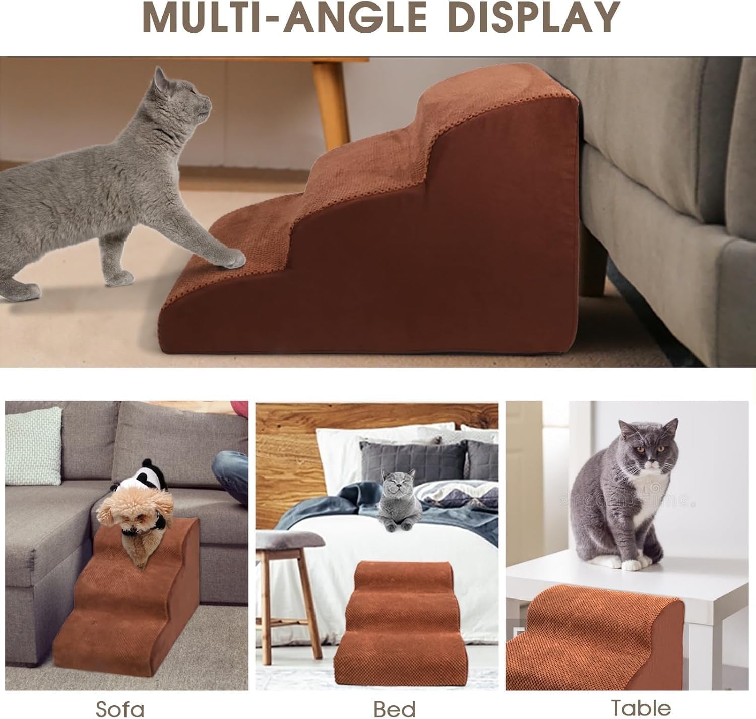 3-Step Dog Stairs Bed Sofa Non-Slip Foam Pet Ladder Brown