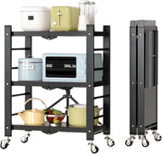 3 Tier Folding Storage Shelving Unit on Wheels Metal Rack Kitchen Garage