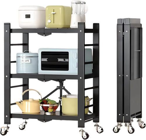 3 Tier Folding Storage Shelving Unit on Wheels Metal Rack Kitchen Garage