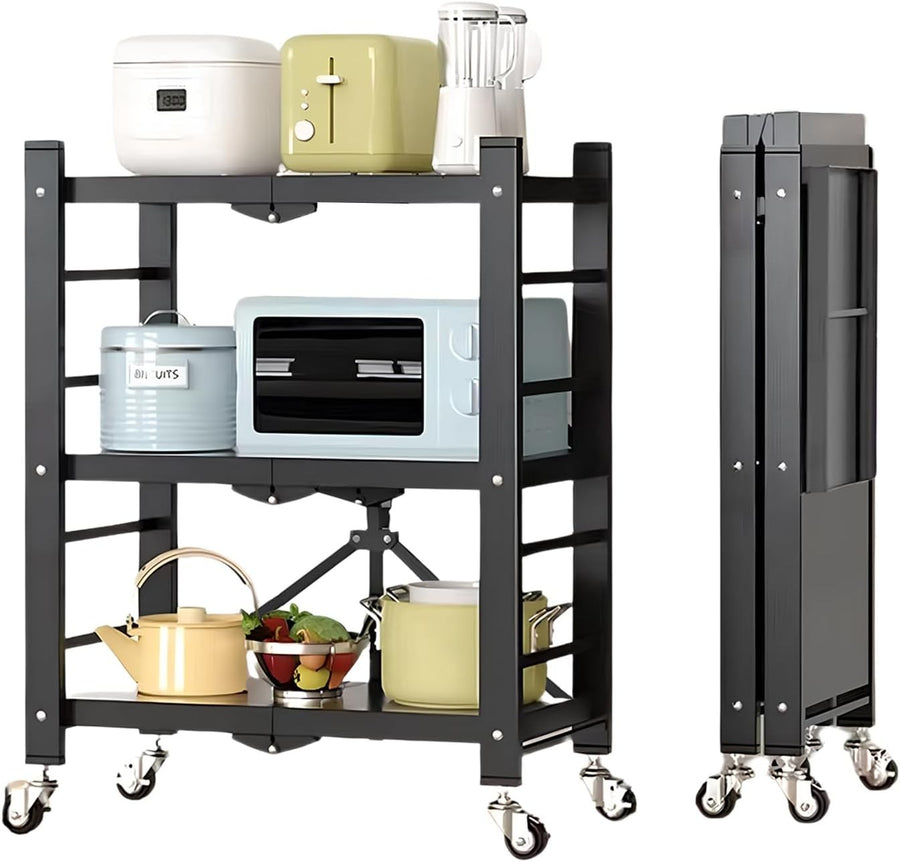 3 Tier Folding Storage Shelving Unit on Wheels Metal Rack Kitchen Garage