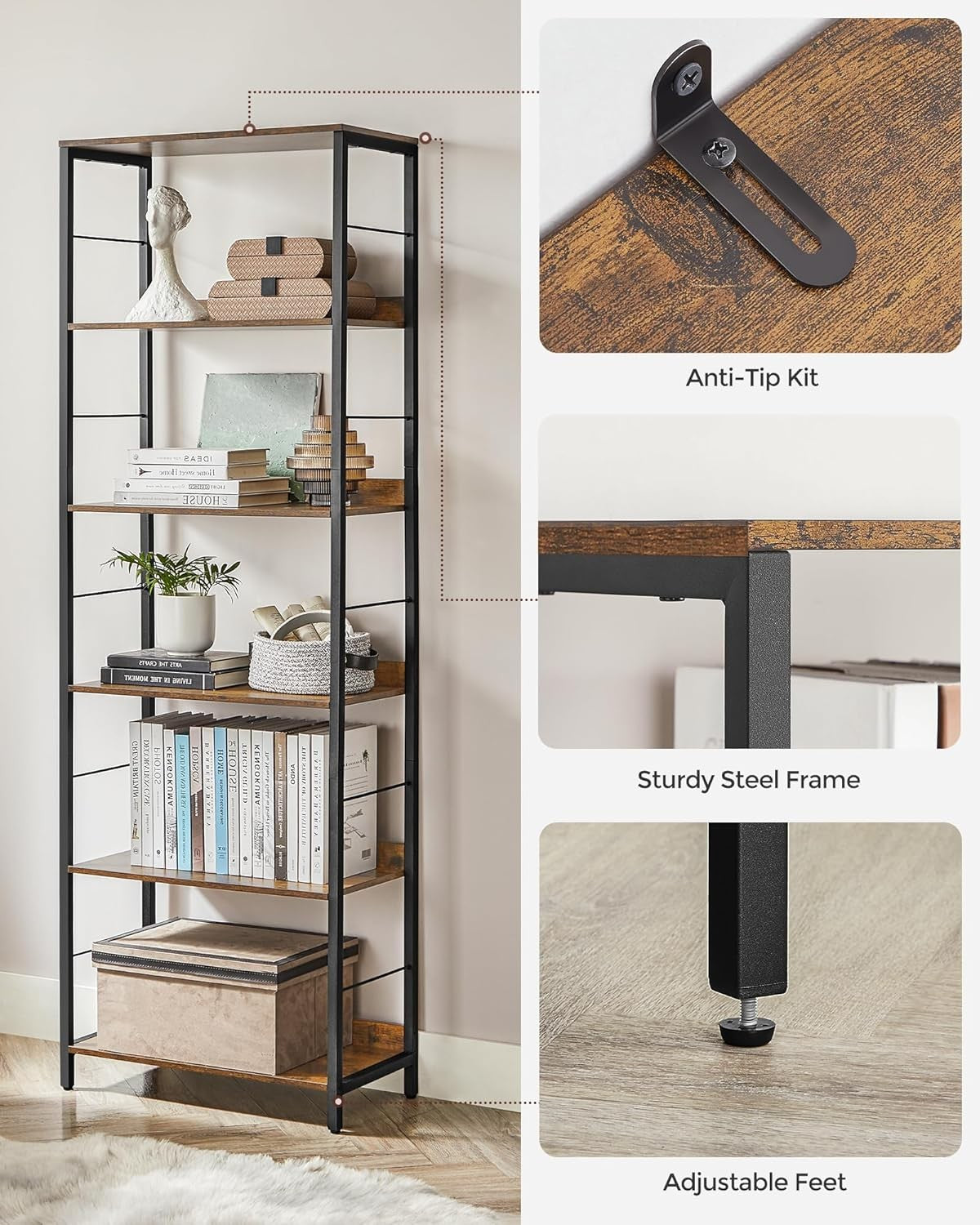 6-Tier Industrial Bookshelf Unit | Tall Rustic Storage Shelving for Home Office