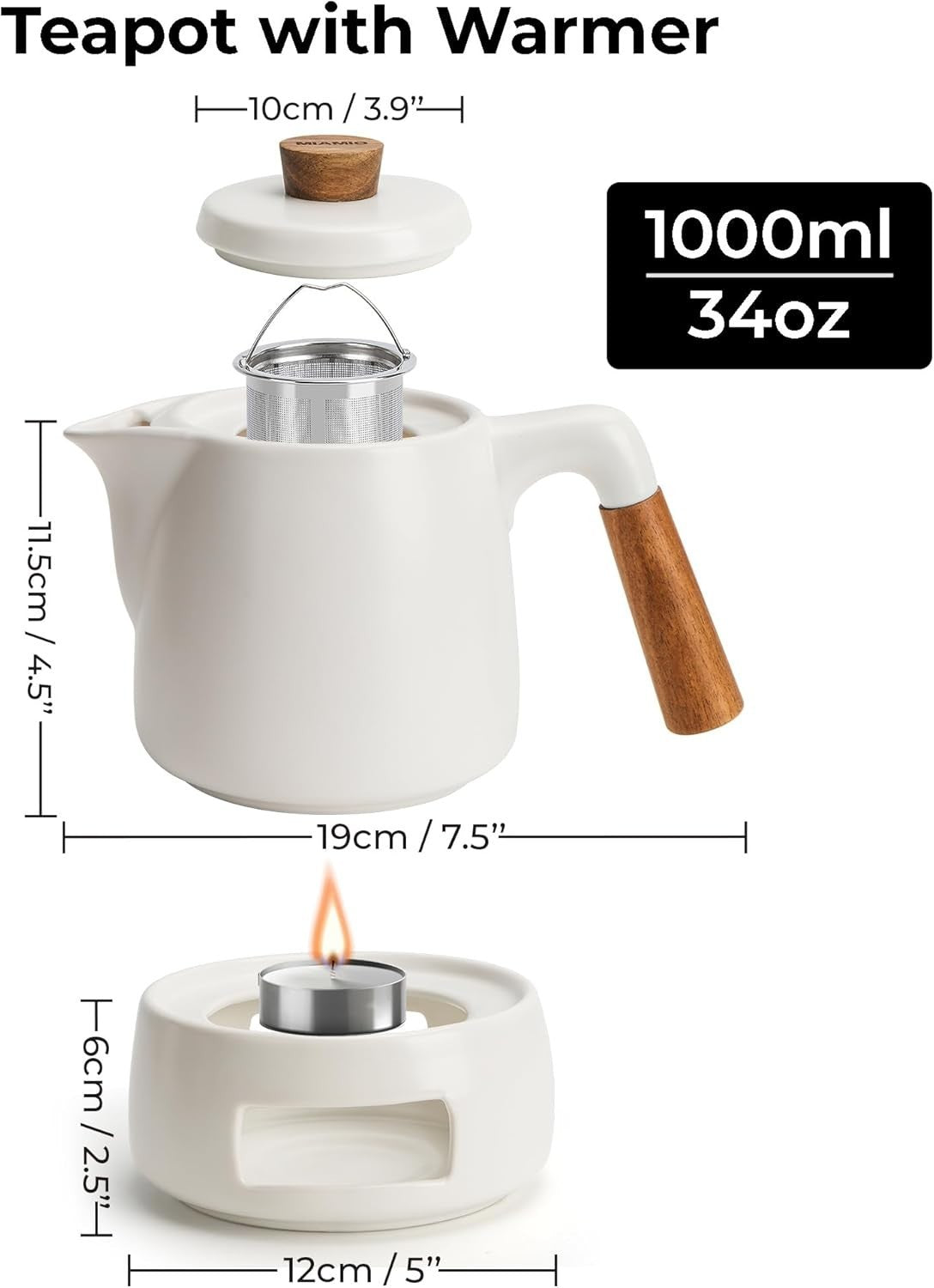 Ceramic Teapot Set with Warmer 1L Tea Pot Infuser Candle Heater