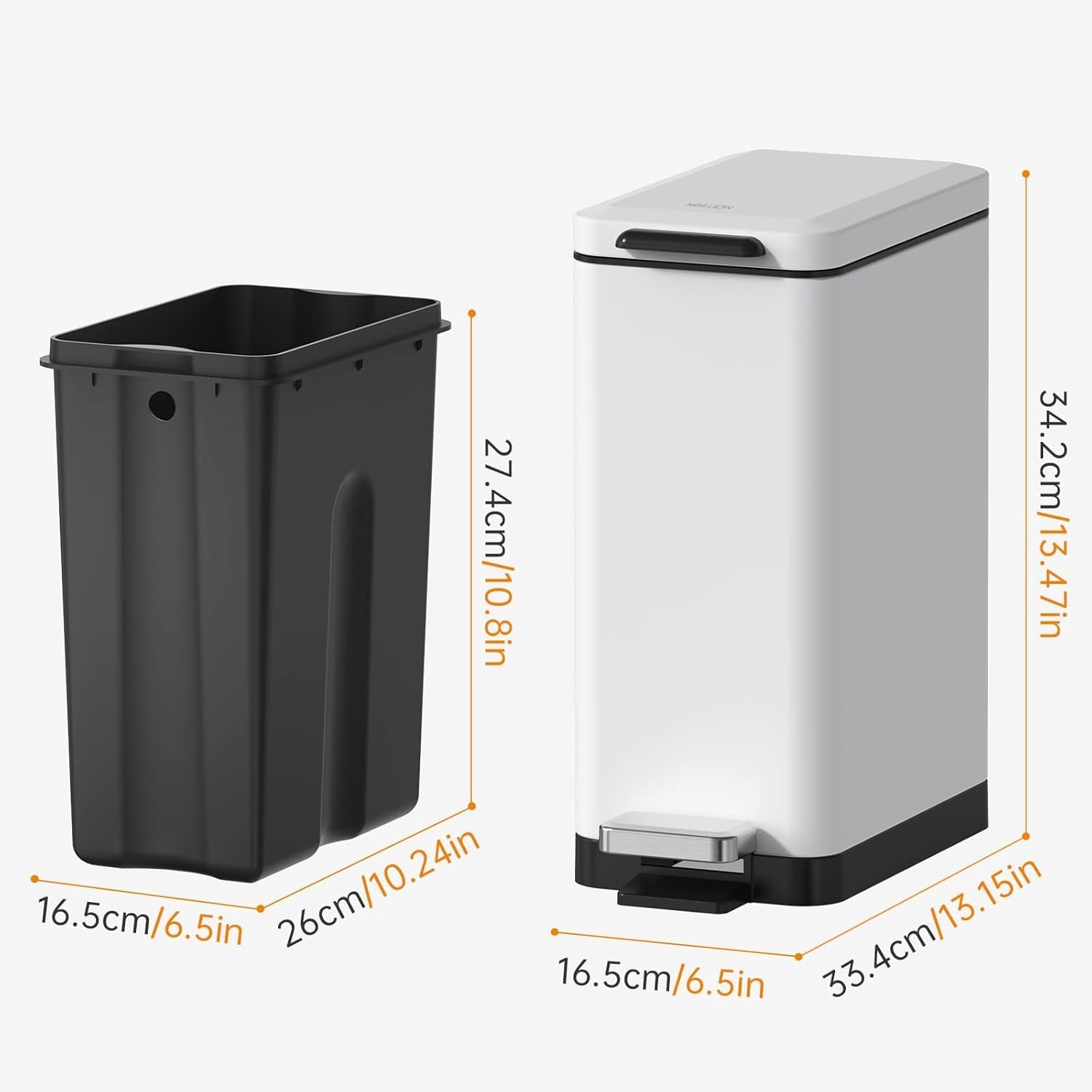 10L Slim Stainless Steel Step Trash Can Soft Close Pedal Bin White