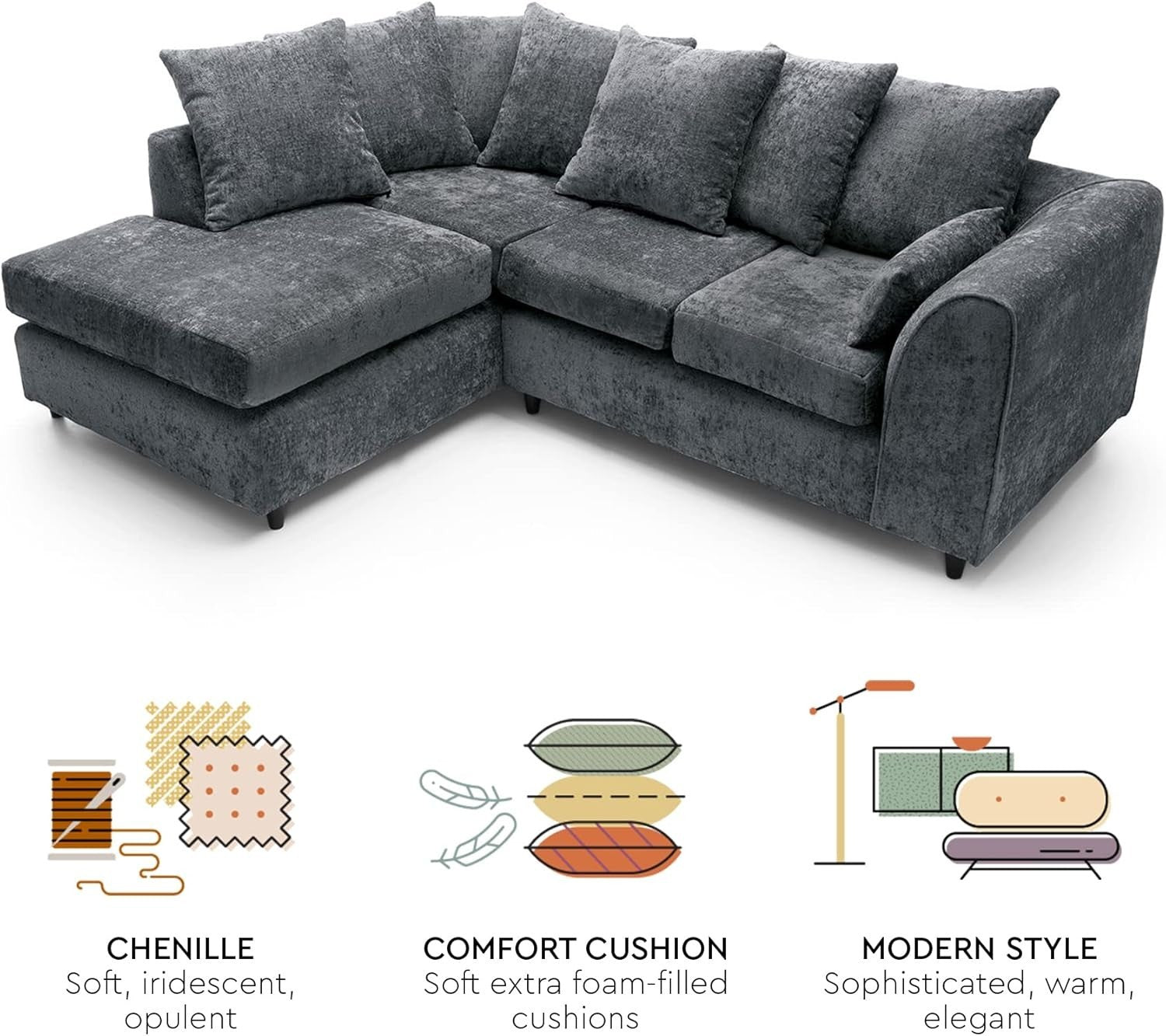 Dark Grey L Shaped Corner Sofa 5 Seater Crushed Chenille Velvet Couch