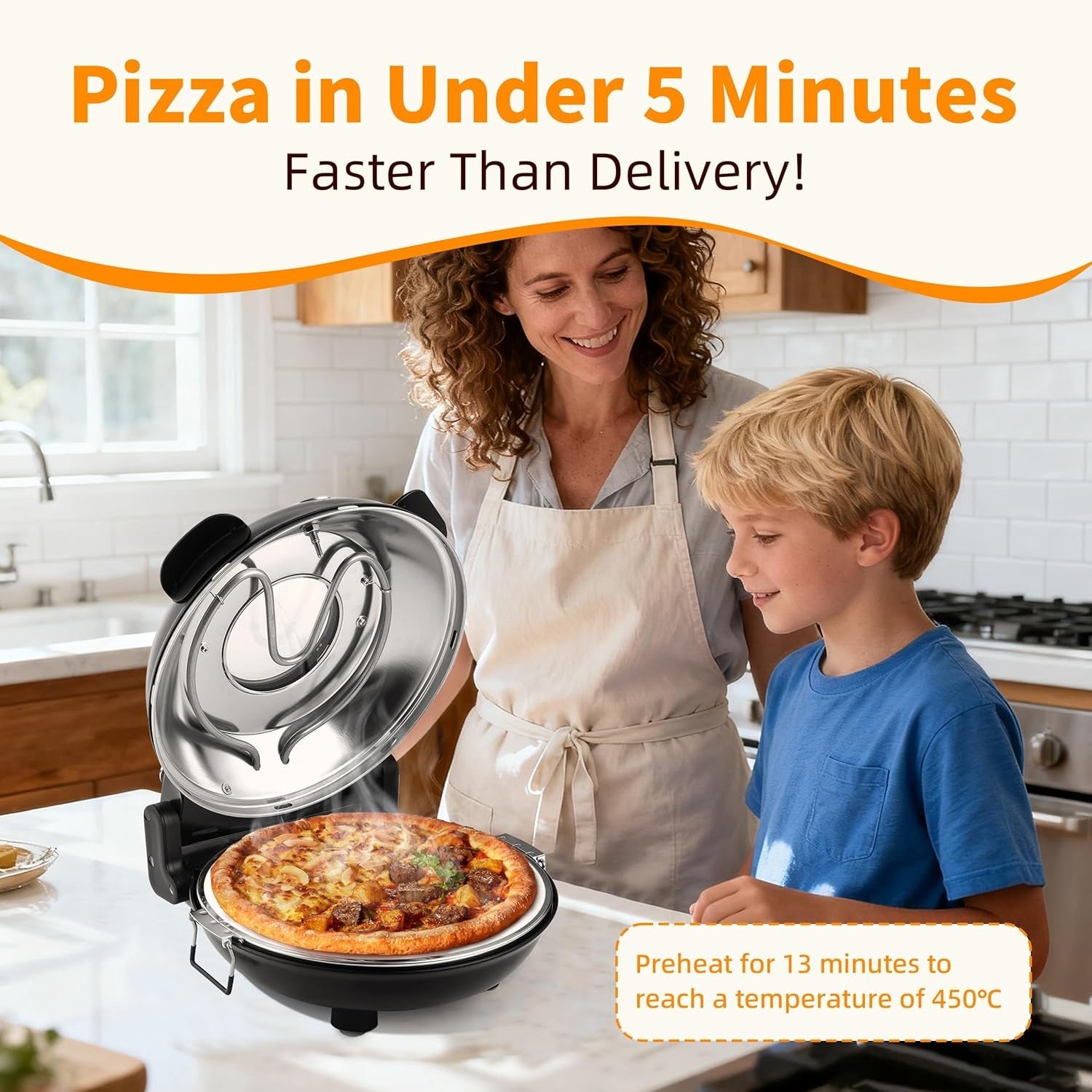 31cm Electric Pizza Oven 1200W Dual Temp Stone Base Fast Heat Black