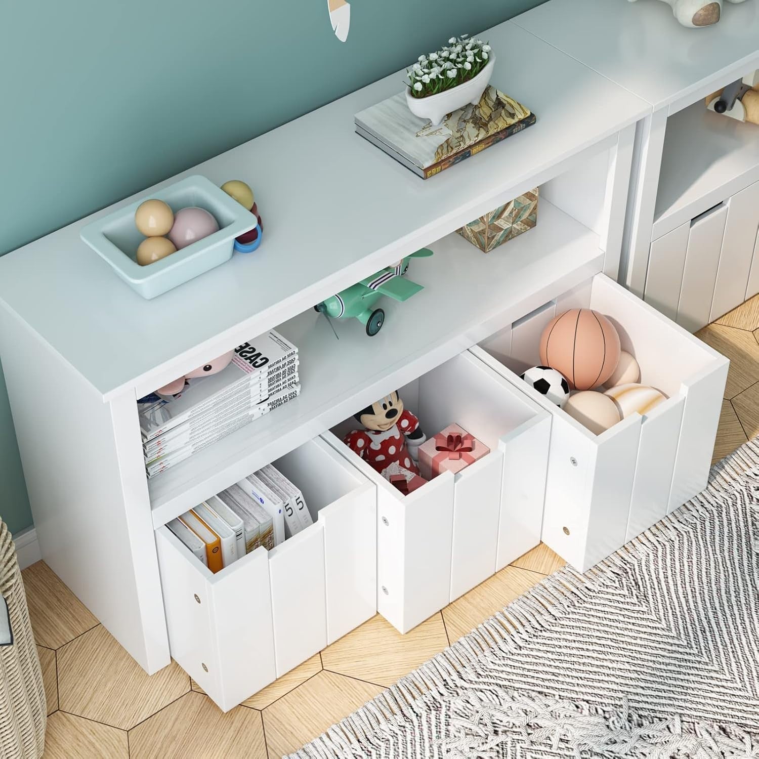 White Kids Toy Storage Cabinet w/ Wheels – 3 Drawer Bookcase 102x62cm