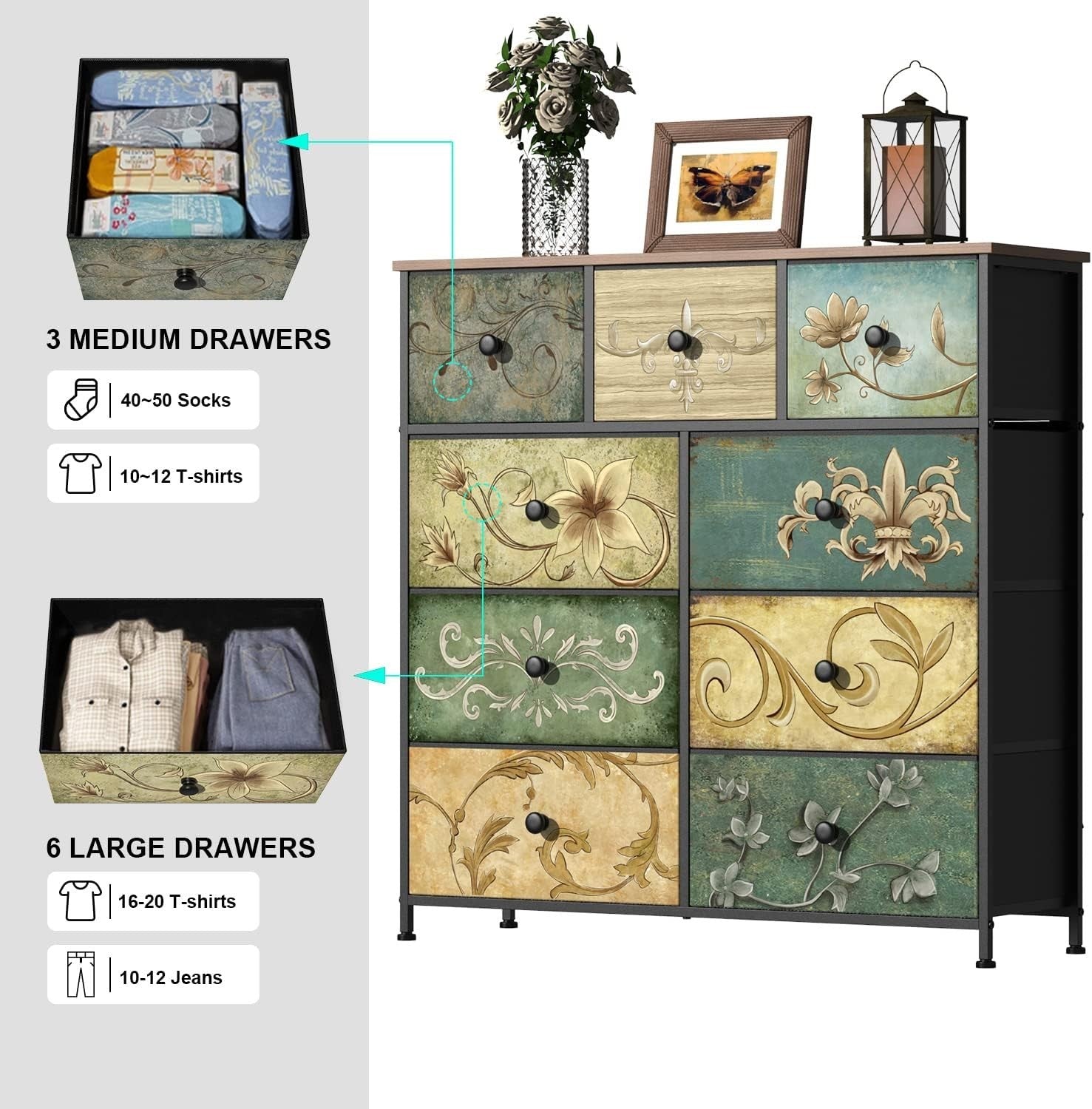 Retro Floral Pattern 9-Drawer Dresser Chest for Bedroom Nursery Storage