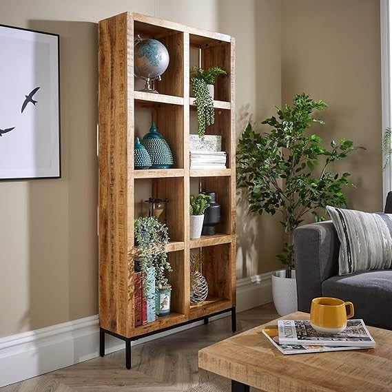 Tall Mango Wood 8 Shelf Bookcase Storage Unit Rustic Industrial Metal Legs