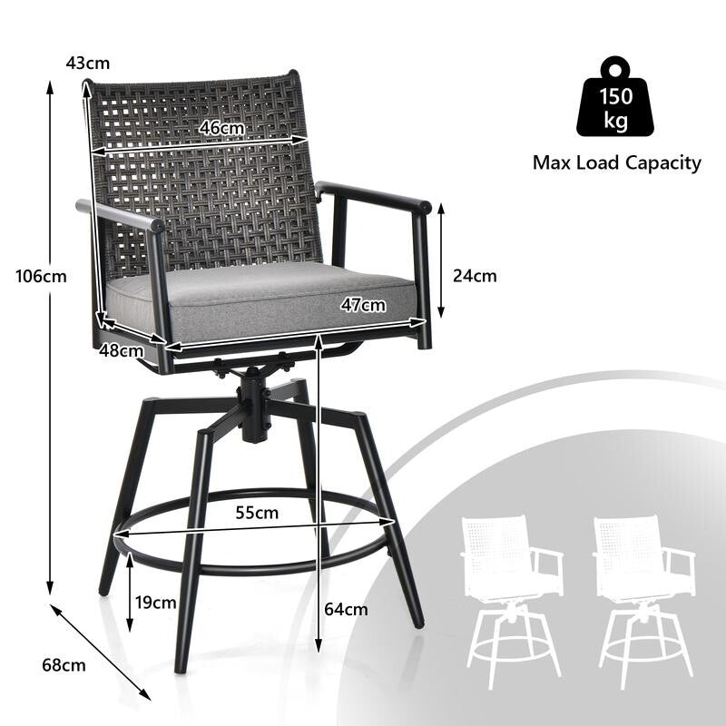 2x Outdoor Swivel Bar Stools with Cushions Rattan Garden Chairs Patio Set