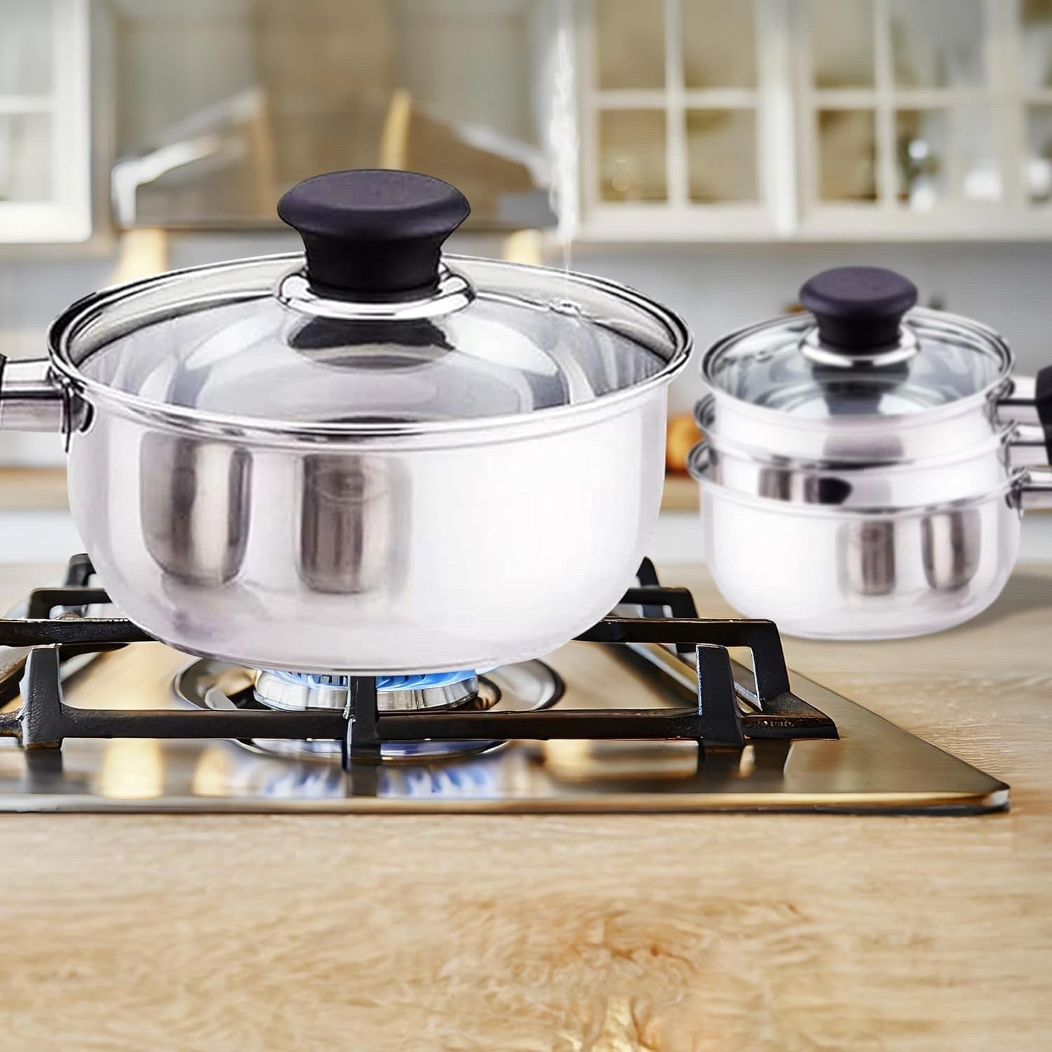 3pcs Stainless Steel Saucepan Set with Glass Lids & Heat Resistant Handles