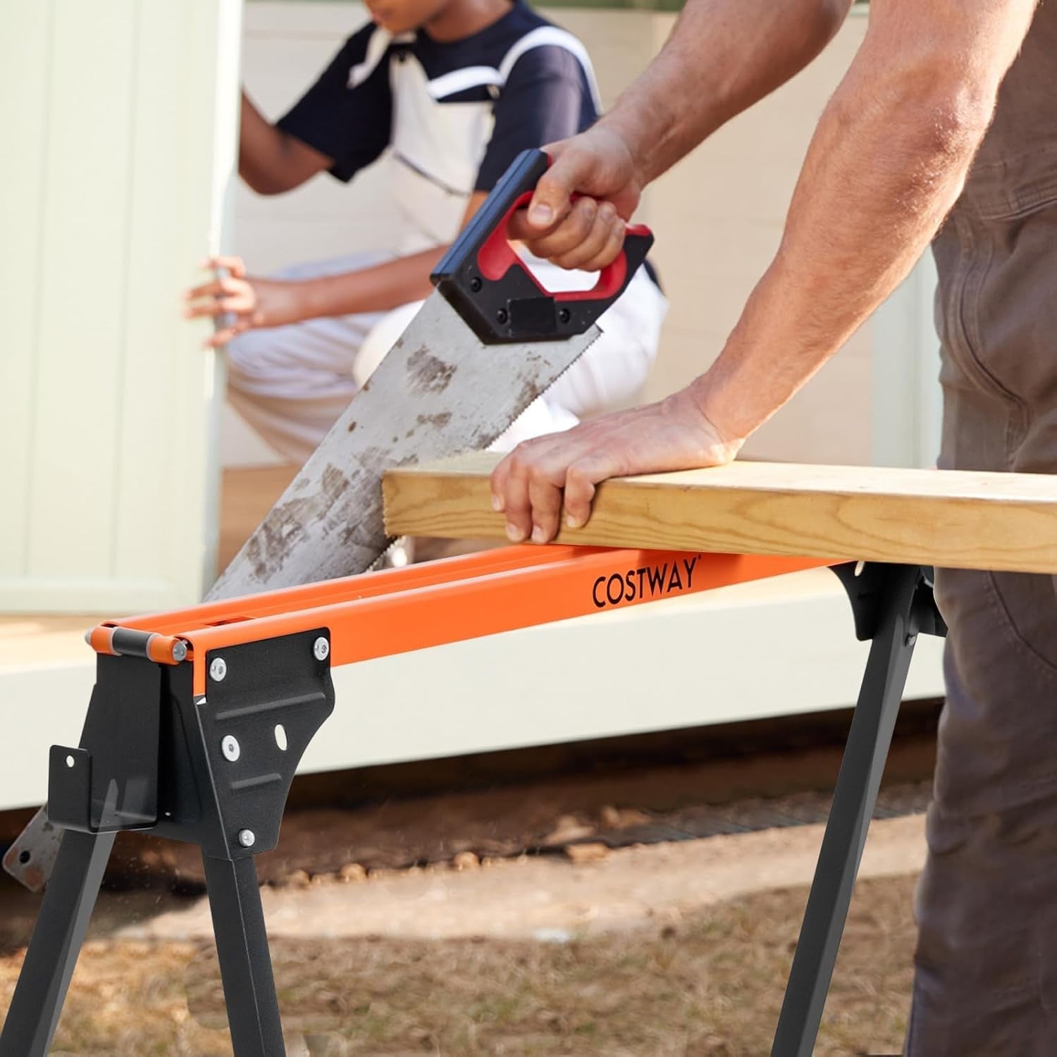 Folding Sawhorse Twin Pack Heavy Duty 500kg Each 2x4 Support Arms Orange