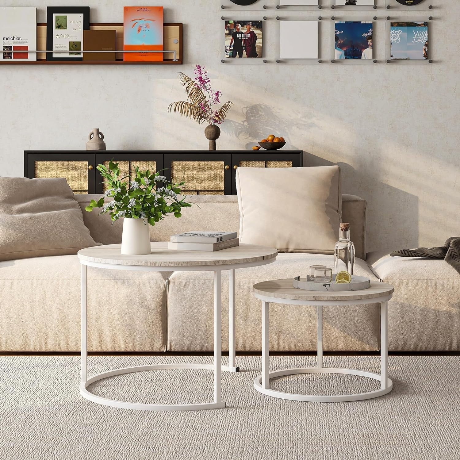 Round Nesting Coffee Tables Set of 2 with Metal Frame & Oak Tops, Space Saving