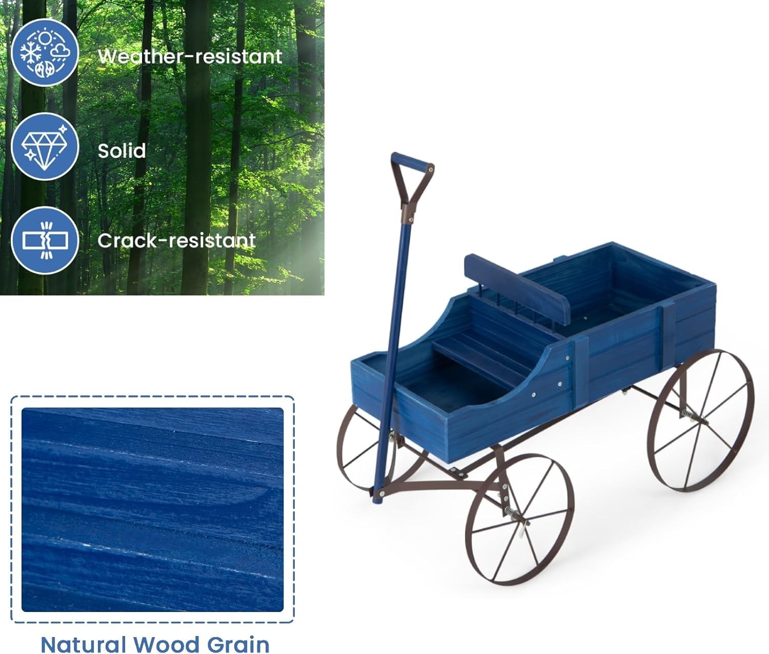 4-Wheel Wooden Garden Wagon & Blue Planter Cart w/ Handle for Outdoor Flower
