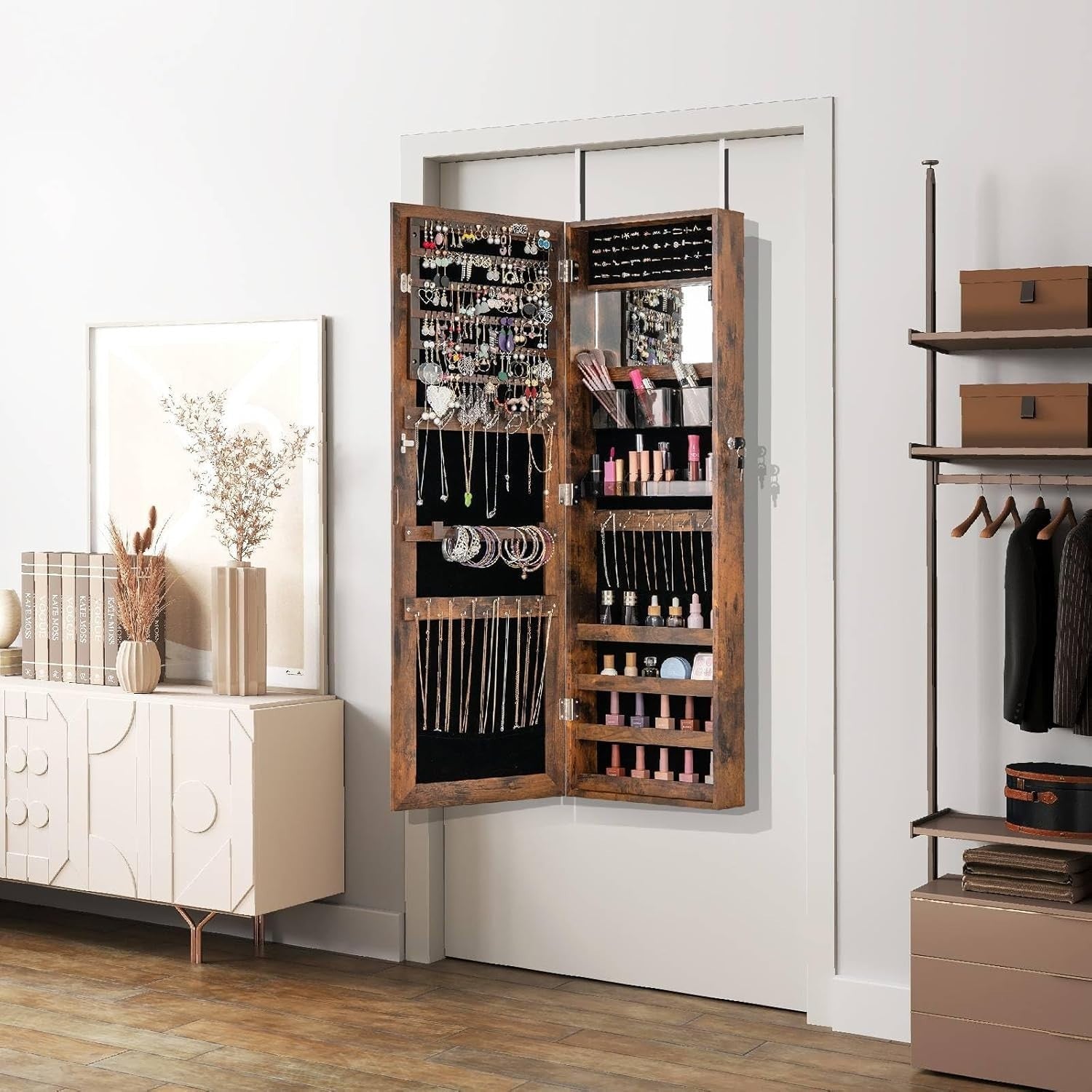 Rustic Brown Mirrored Jewelry Cabinet Wall Mount Lockable Slim Storage