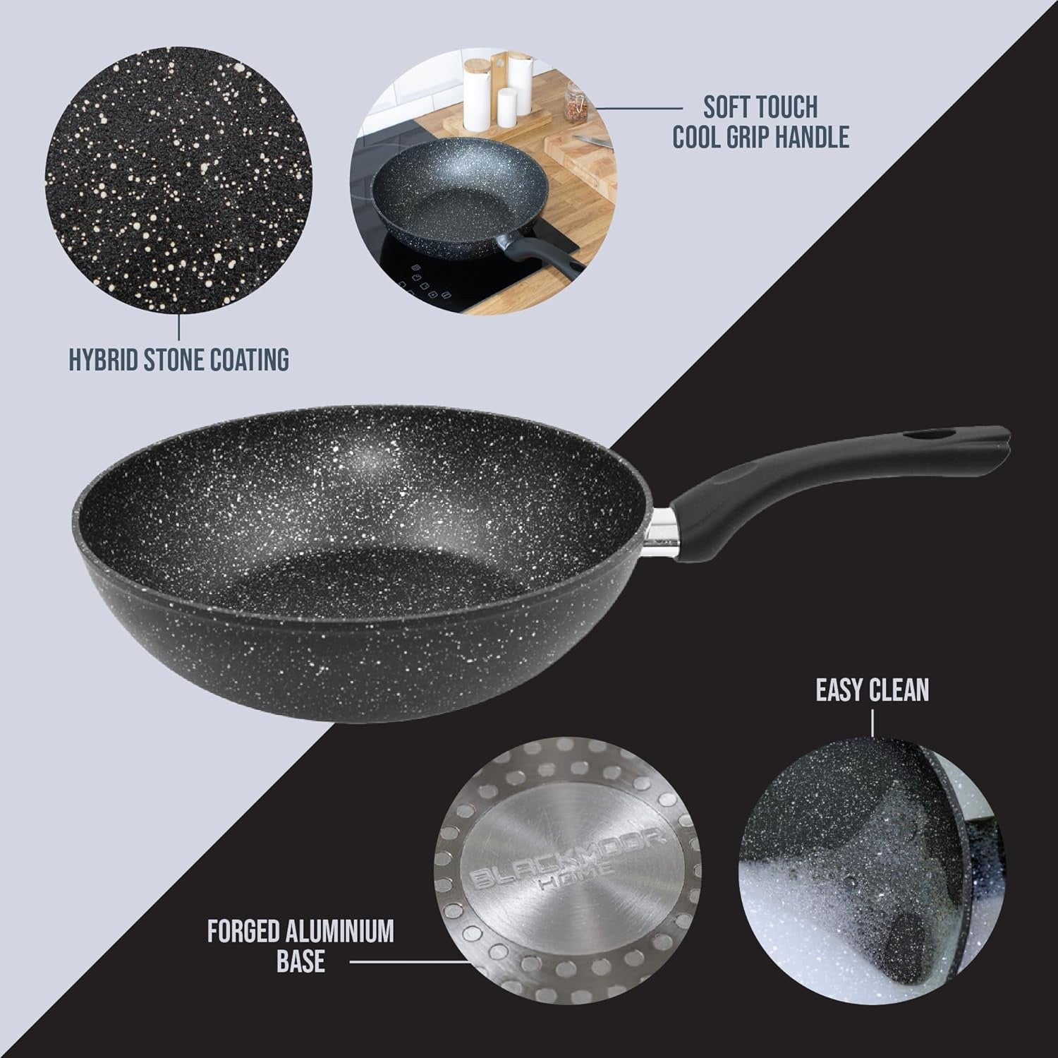 28cm Non Stick Black Marble Effect Induction Wok Pan with Cool Touch Handle