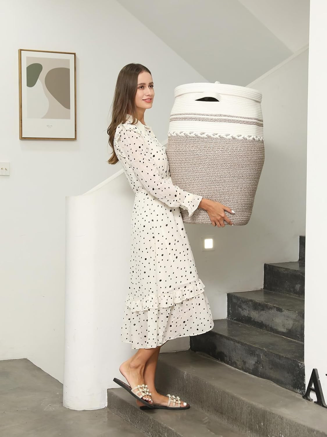 26" Tall White Camel Cotton Rope Laundry Basket with Lid Large Woven Storage Bin