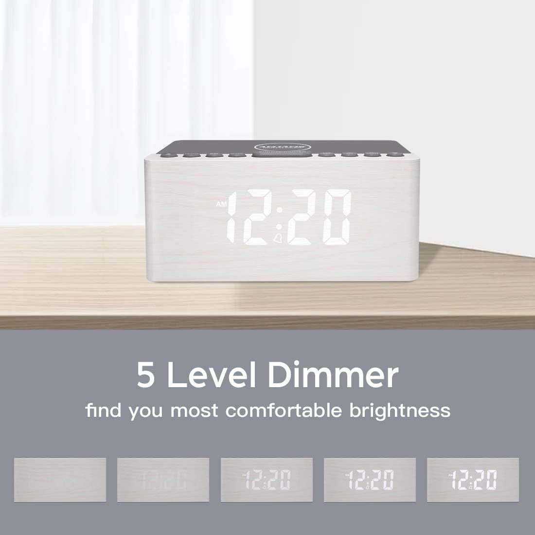 Wireless Charging Alarm Clock FM Radio USB Dimmable LED Wooden Bedside