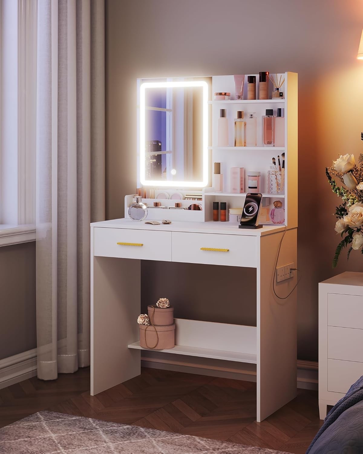 White Vanity Desk with LED Mirror & Charging Station Makeup Table Storage