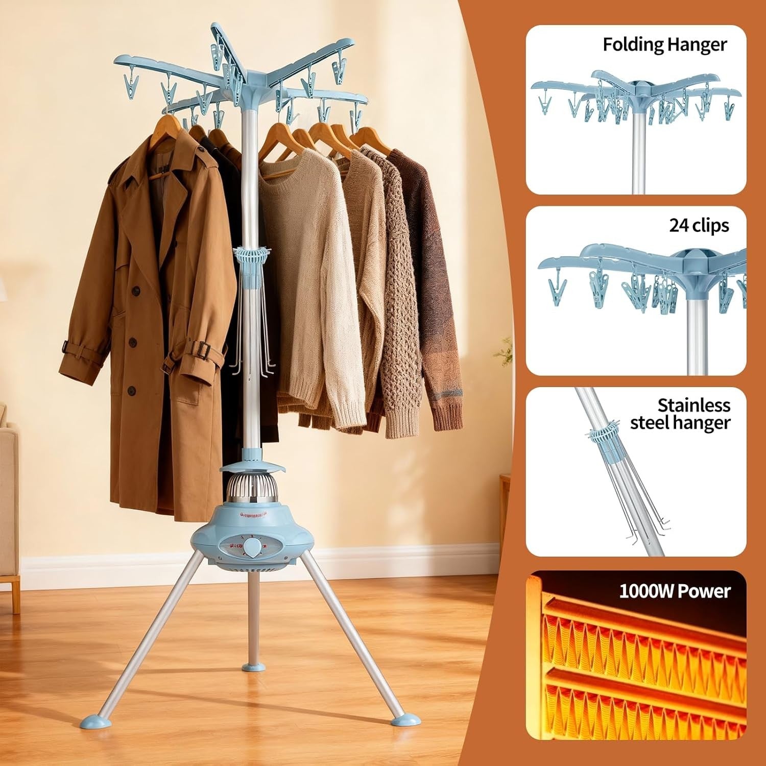 1000W Heated Clothes Airer with Cover 2 Tier Electric Dryer Timer Foldable